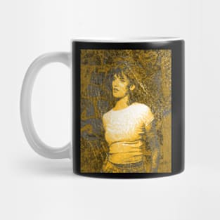 Beautiful girl, yellow lighting. Graffiti on the wall. Like drawn. Mug